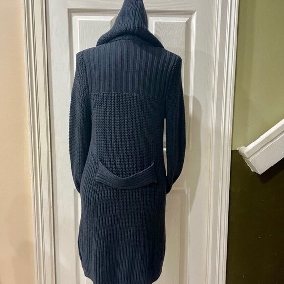 SAKS FIFTH AVENUE CARDIGAN HOODED SWEATER FISHERMAN CHUNKY 100% COTTON NAVY BLUE - Picture 5 of 14